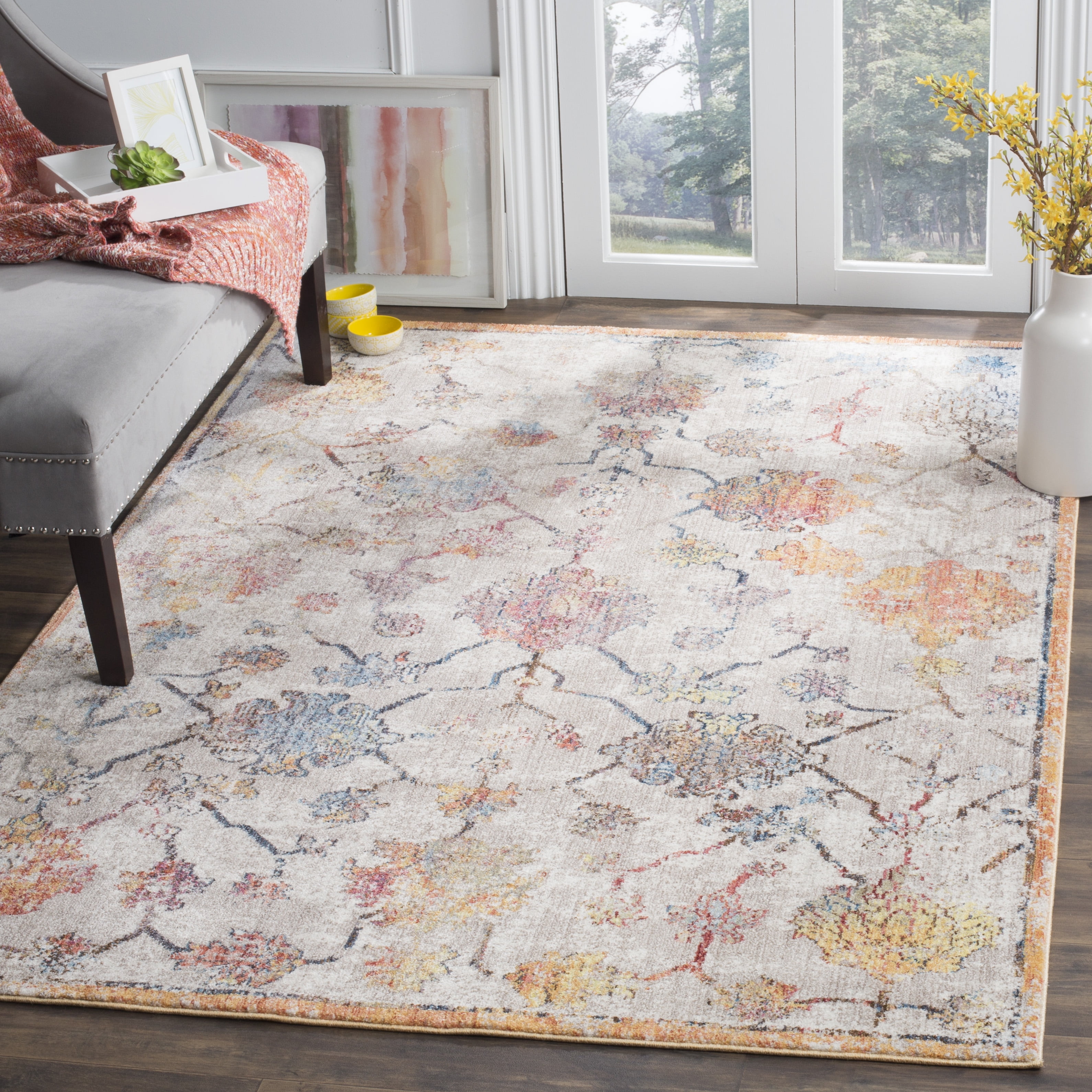 Gray and Orange Synthetic Hand-Knotted Rectangular Area Rug