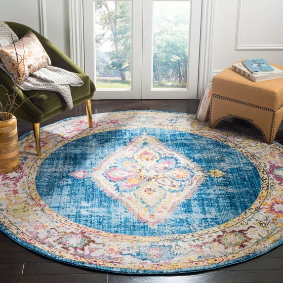SAFAVIEH Bristol Kyler Oriental Polyester Area Rug, Blue/Ivory, 7' x 7' Round