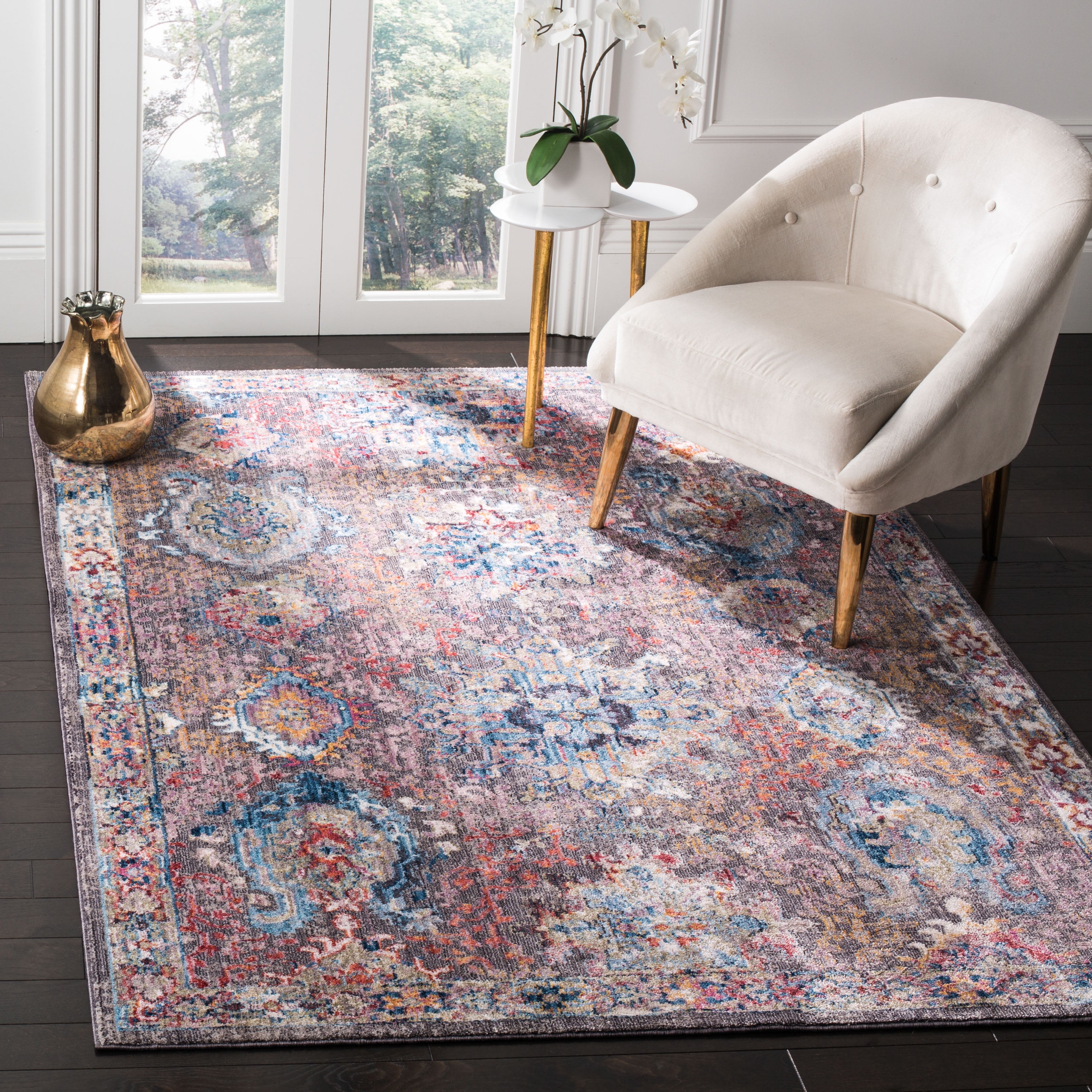 SAFAVIEH Bristol Felicity Oriental Polyester Area Rug, Dark Gray/Blue, 7' x 7' Square