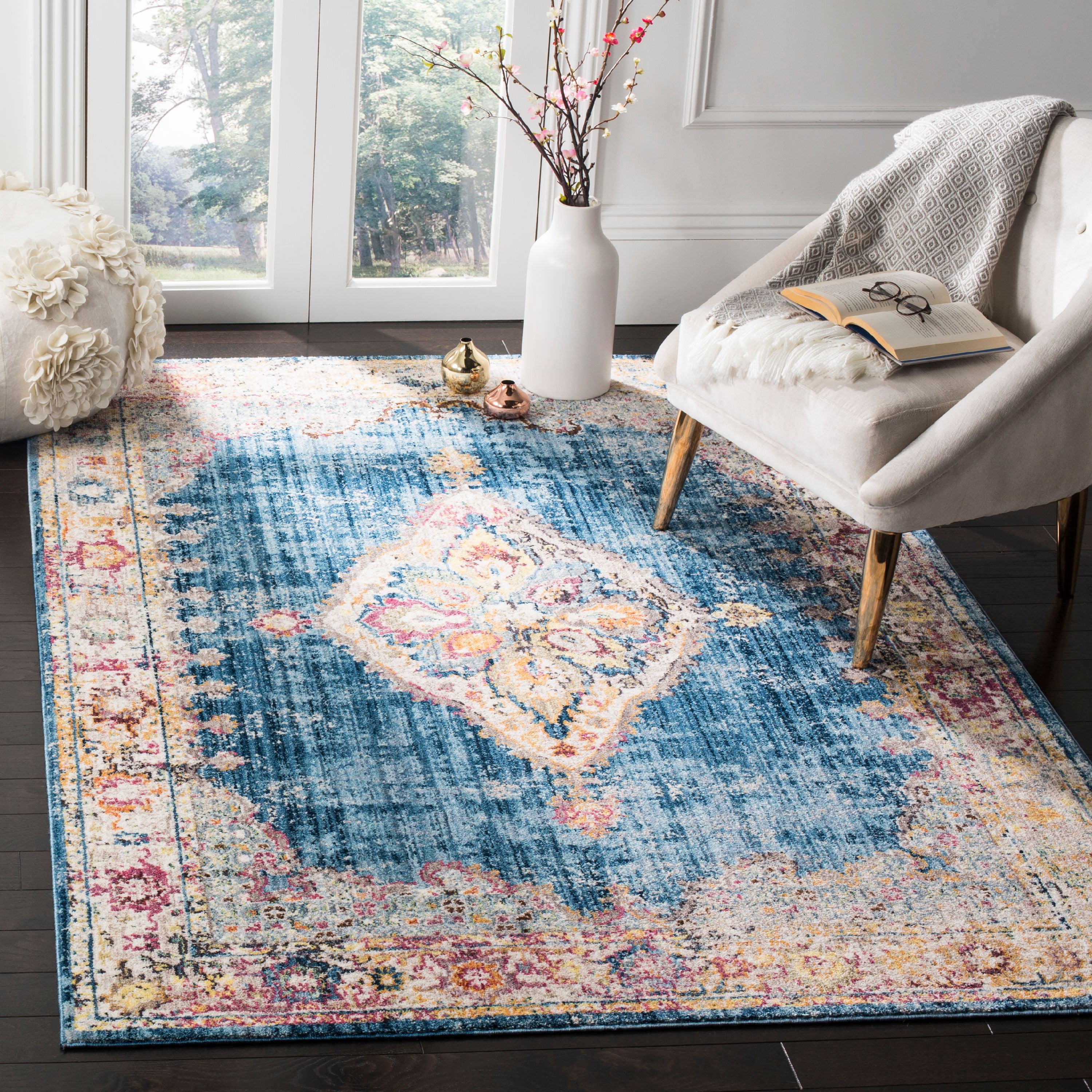 Blue and Ivory Rectangular Synthetic 4' x 6' Area Rug