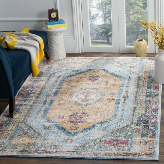 SAFAVIEH Bristol Leola Oriental Polyester Area Rug, Blue/Camel, 4' x 6'