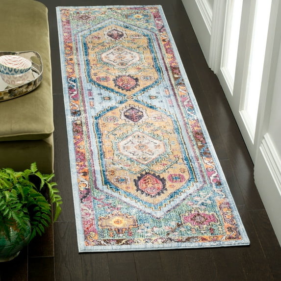 SAFAVIEH Bristol Leola Oriental Polyester Runner Rug, Blue/Camel, 2'3" x 6'