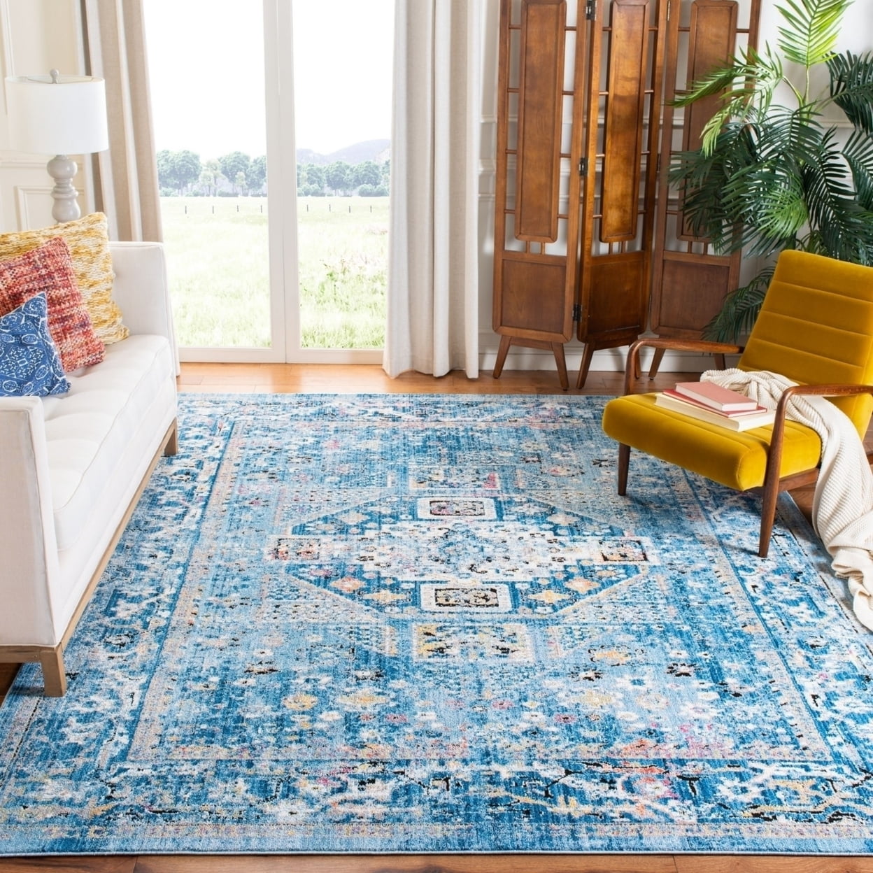 Blue and Light Grey Synthetic Floral Area Rug, 5'1" x 7'6"