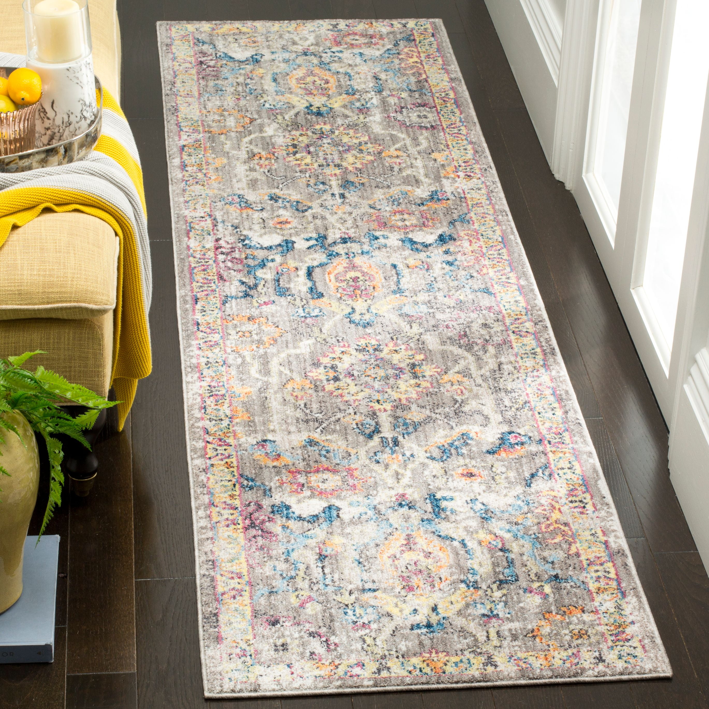 Grey and Blue Synthetic Hand-Knotted Runner Rug