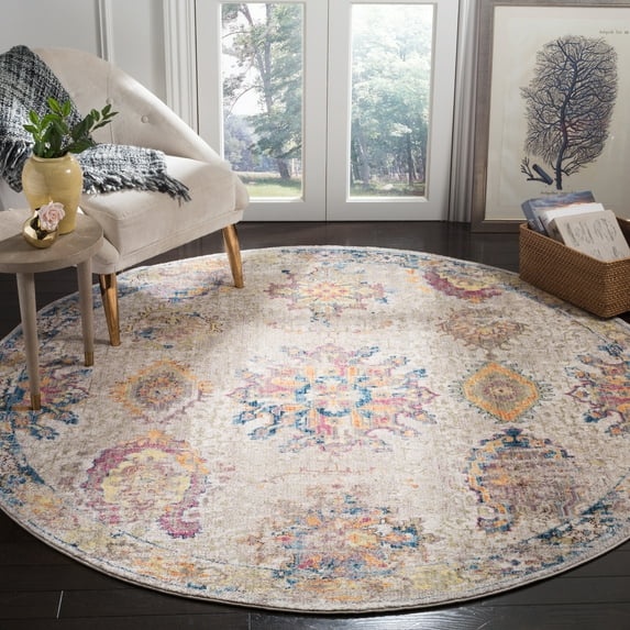 SAFAVIEH Bristol Bill Oriental Polyester Area Rug, Light Gray/Blue, 7' x 7' Round