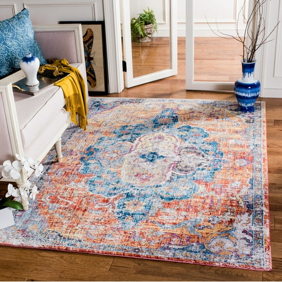 SAFAVIEH Bristol Waverly Oriental Polyester Area Rug, Blue/Orange, 5'1" x 5'1" Square
