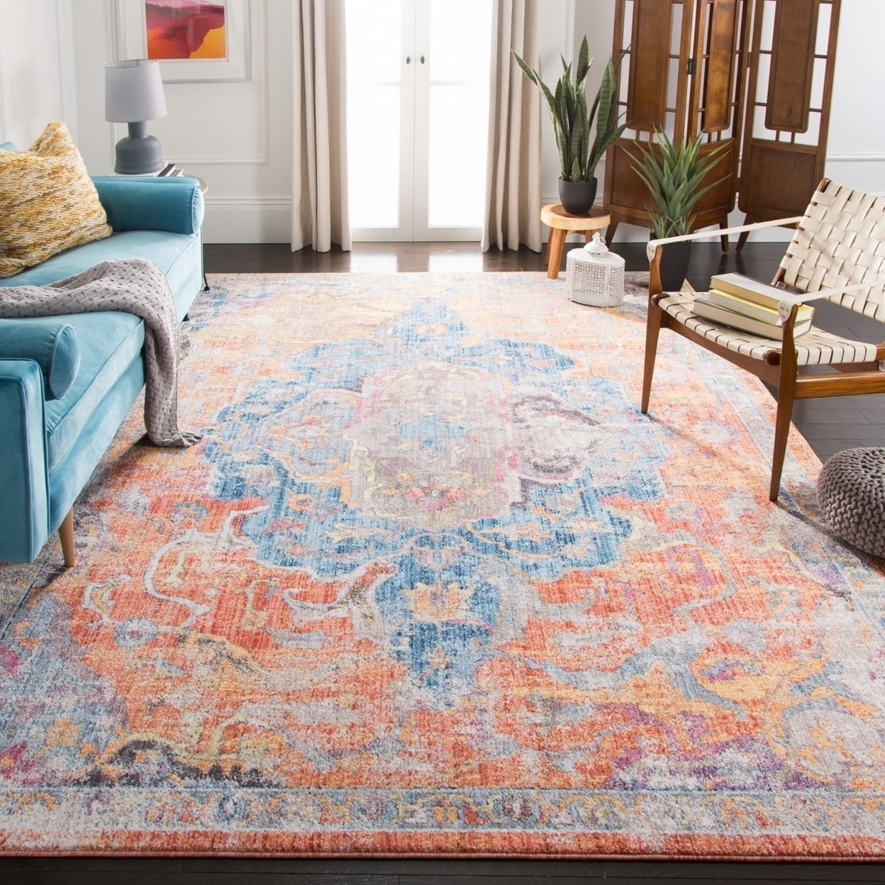 SAFAVIEH Bristol Waverly Oriental Polyester Area Rug, Blue/Orange, 7' x 7' Square