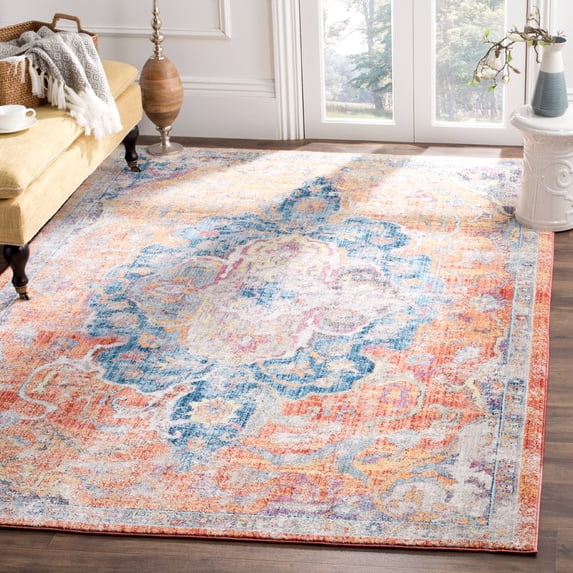 SAFAVIEH Bristol Waverly Traditional Polyester Area Rug, Blue/Orange, 10' x 14'