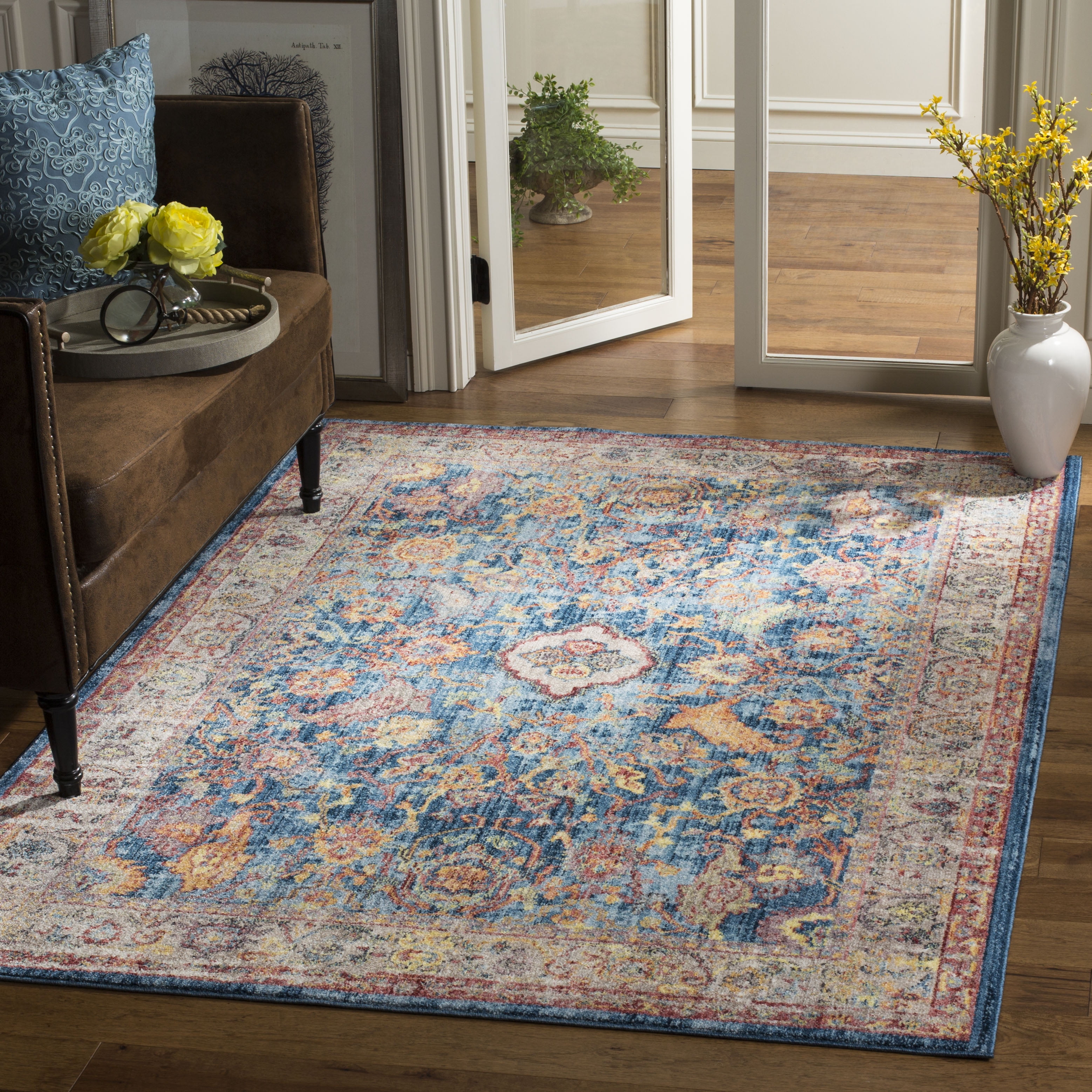 Bristol Blue and Light Grey 11' x 16' Distressed Polyester Area Rug
