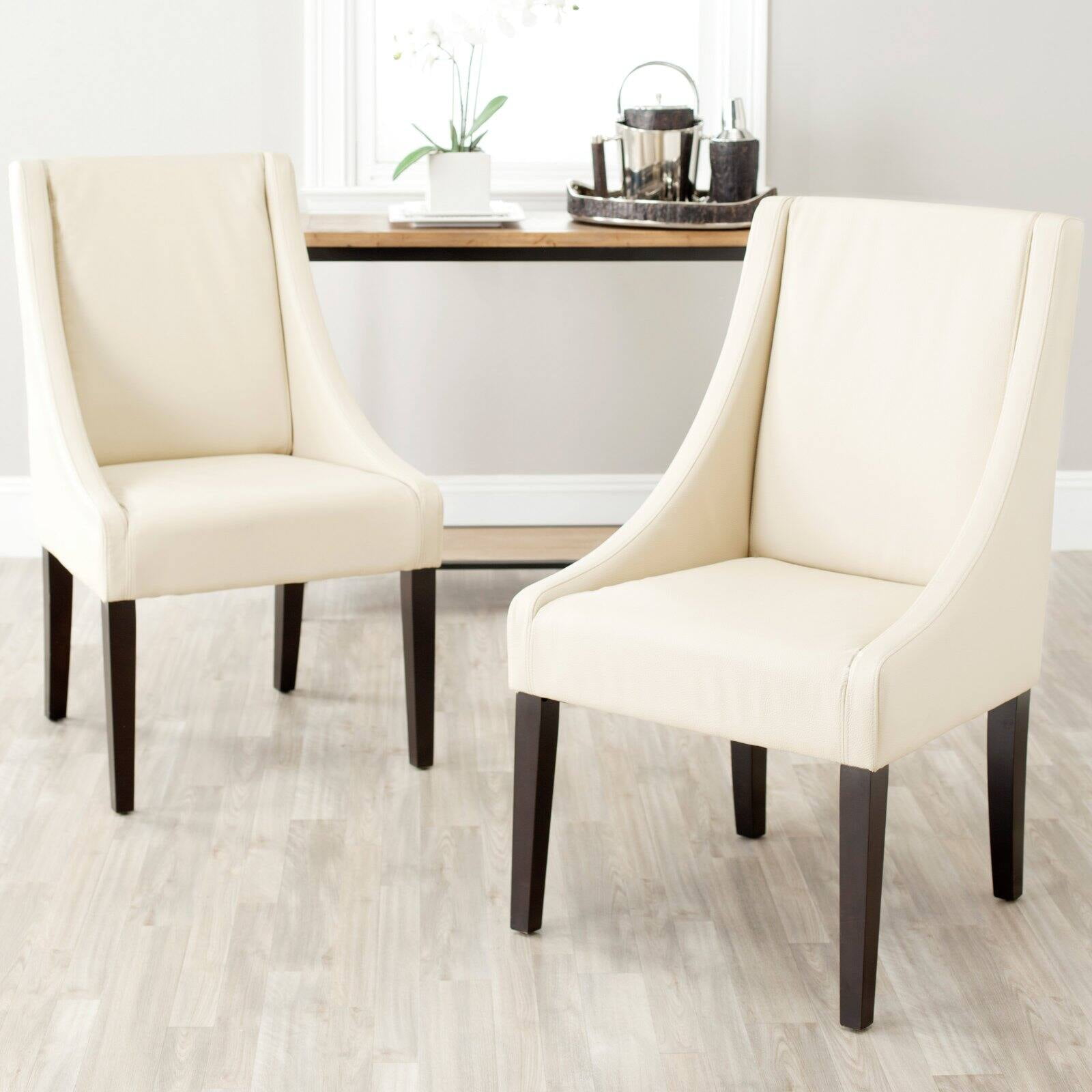Cream Upholstered Leather Parsons Side Chair with Wood Legs