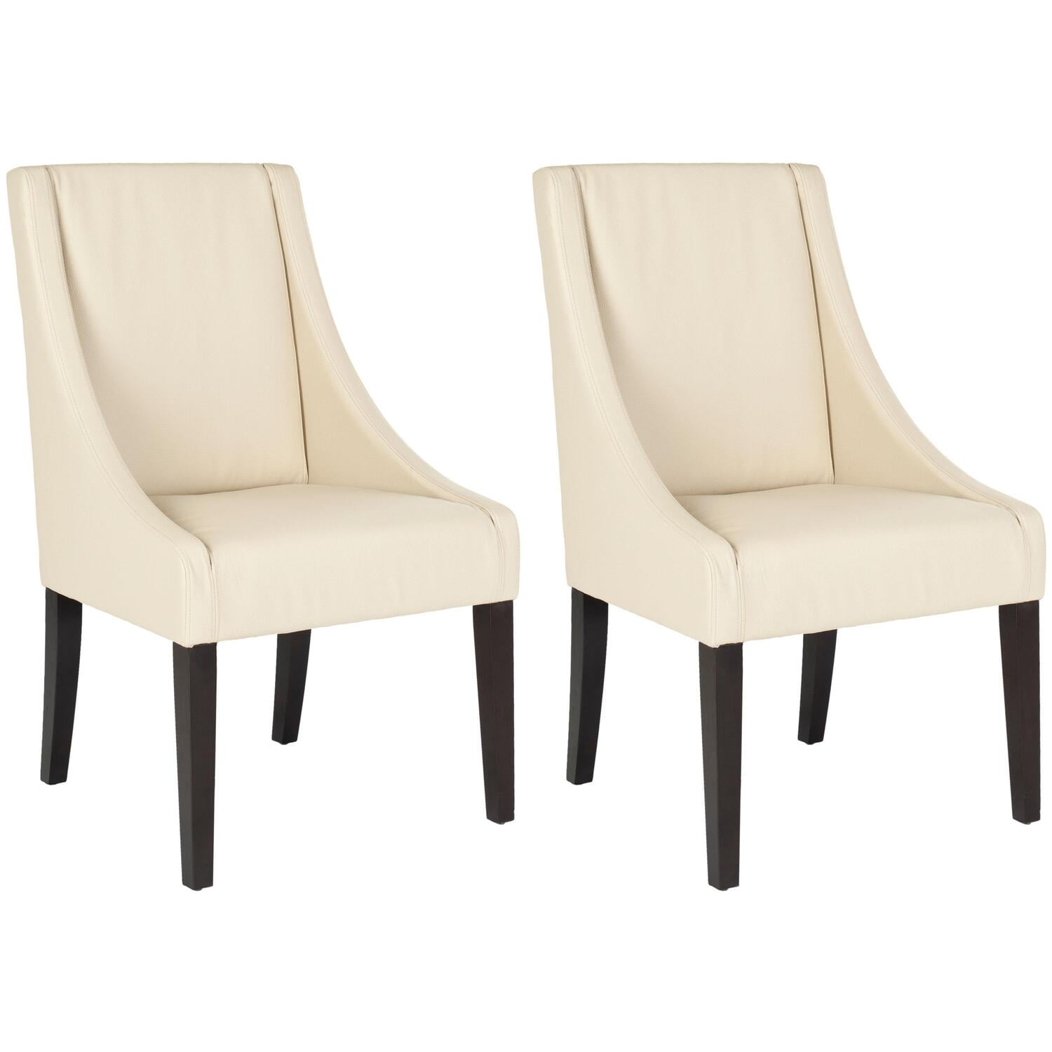 Cream Upholstered Leather Parsons Side Chair with Wood Legs