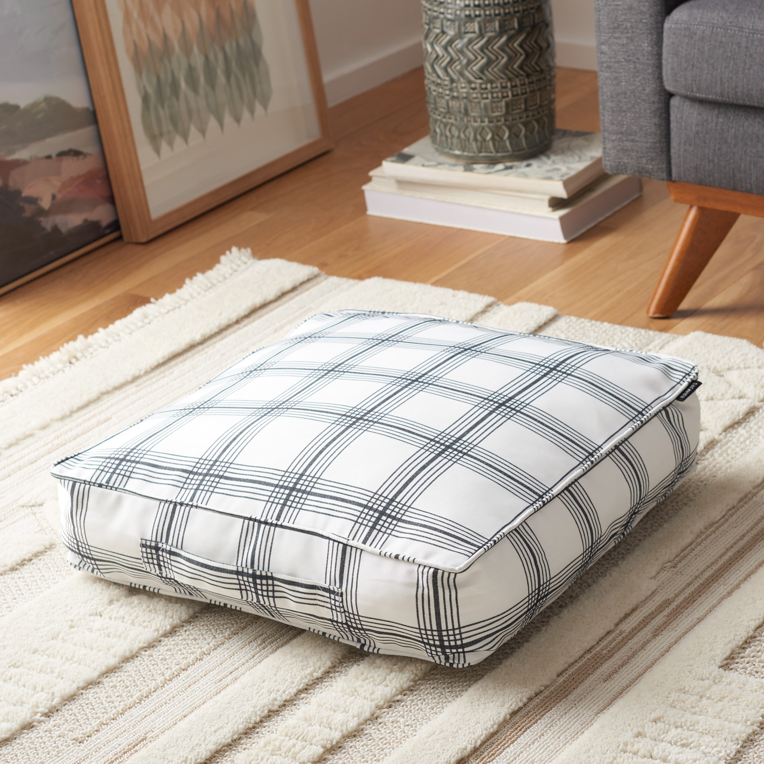 White and Green Plaid Rustic Floor Pillow