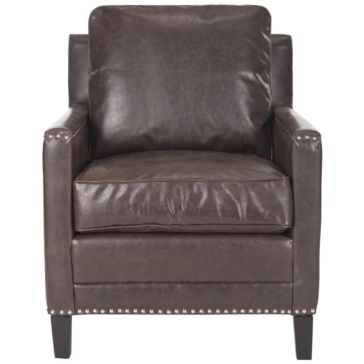 Espresso Birch Wood & Antique Brown Faux Leather Arm Chair