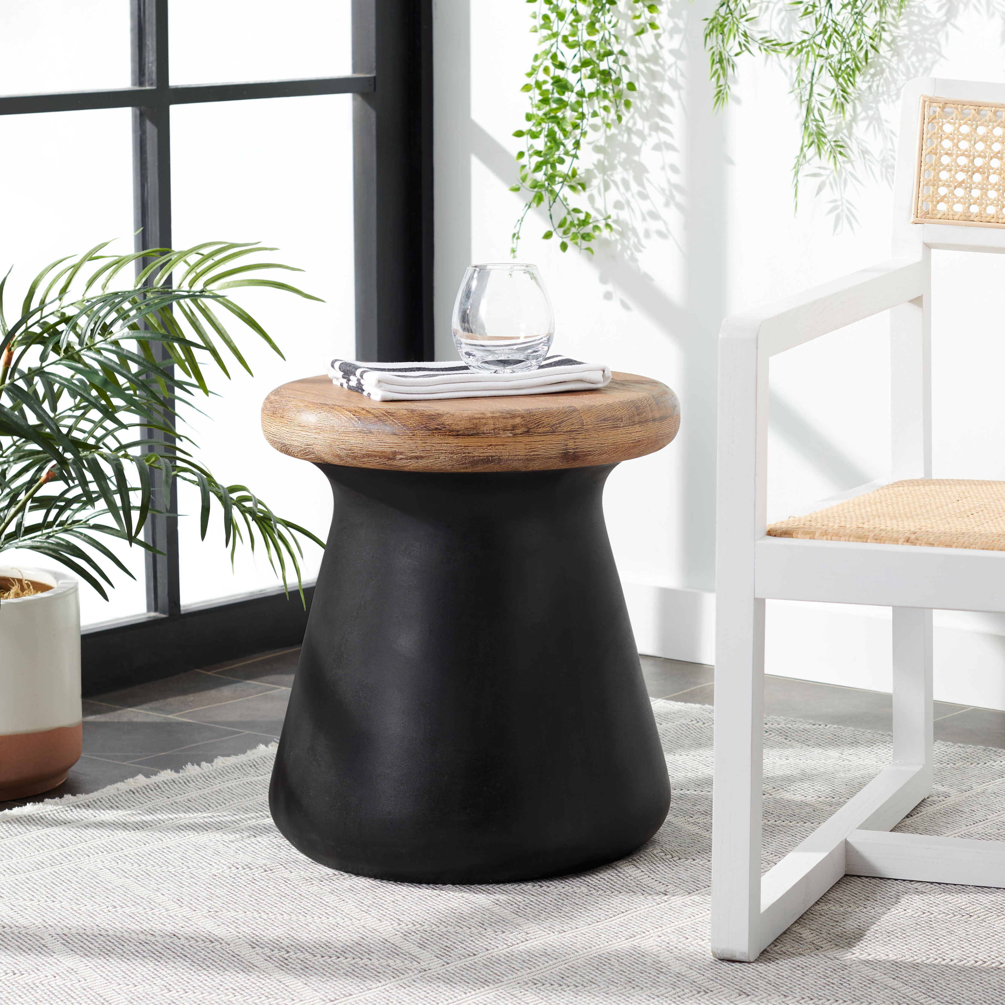 Modern Black Concrete & Acacia Round Accent Table