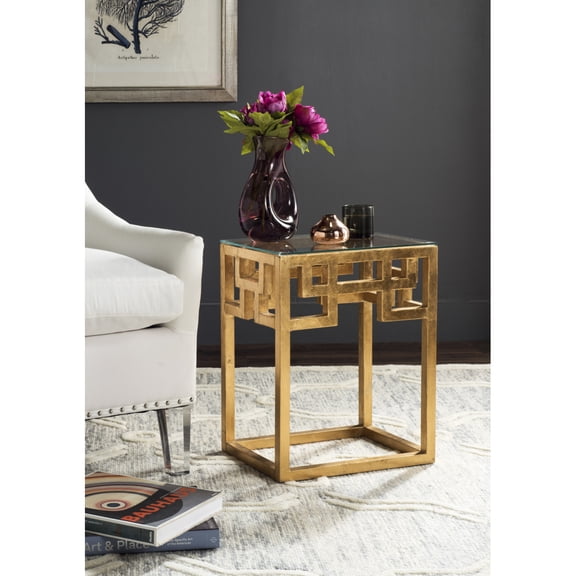 SAFAVIEH Byram Solid Classic Greek Key Glass Top End Table, Gold/Clear