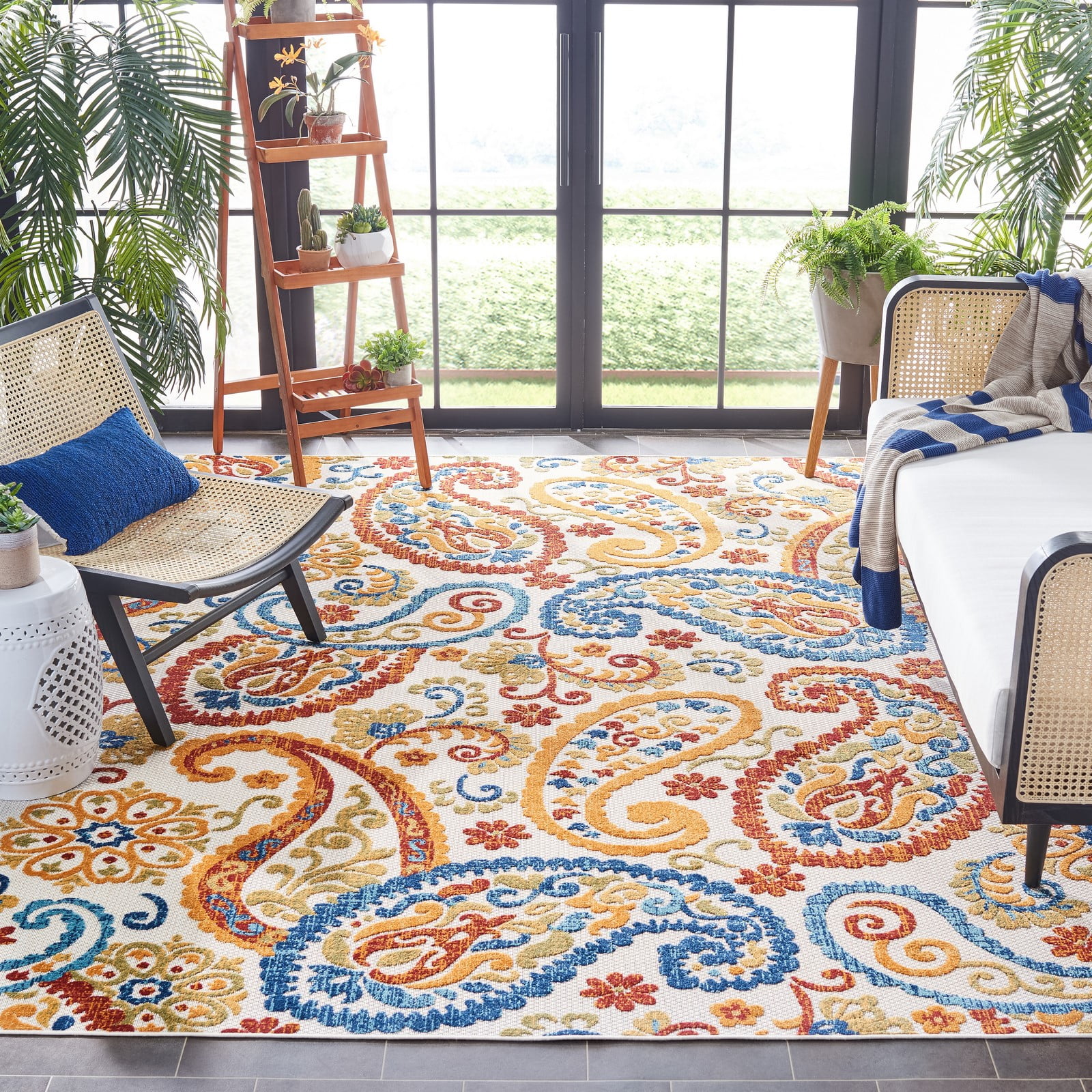 Cabana Cream and Navy Floral Square Area Rug