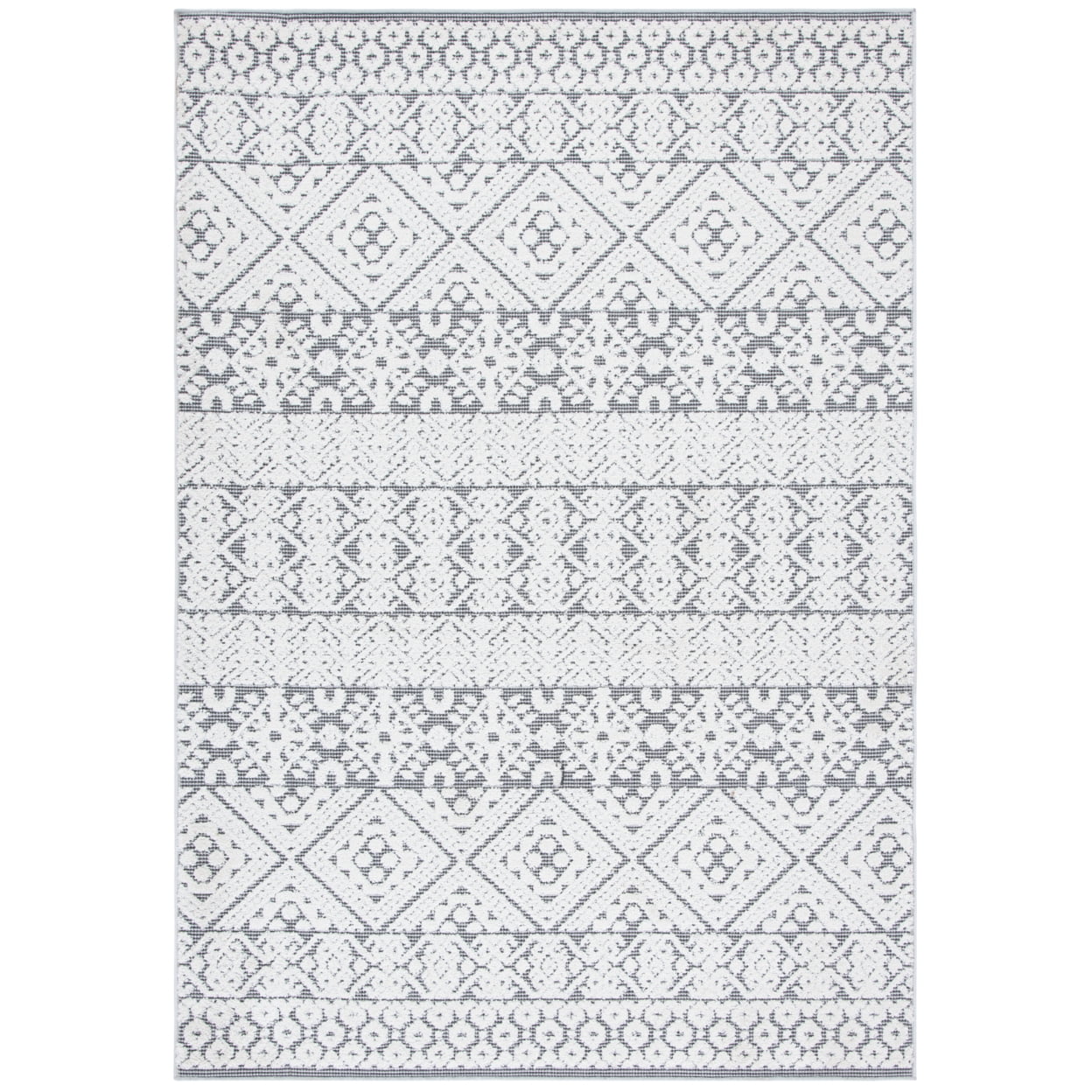 Ivory and Gray Geometric Synthetic Indoor/Outdoor Rug