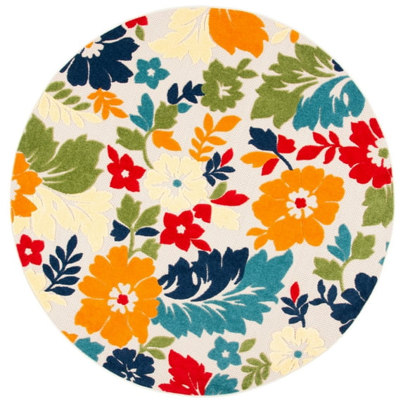 SAFAVIEH Cabana Annandale Floral Indoor/Outdoor Area Rug, Ivory/Orange, 6'7" x 6'7" Round
