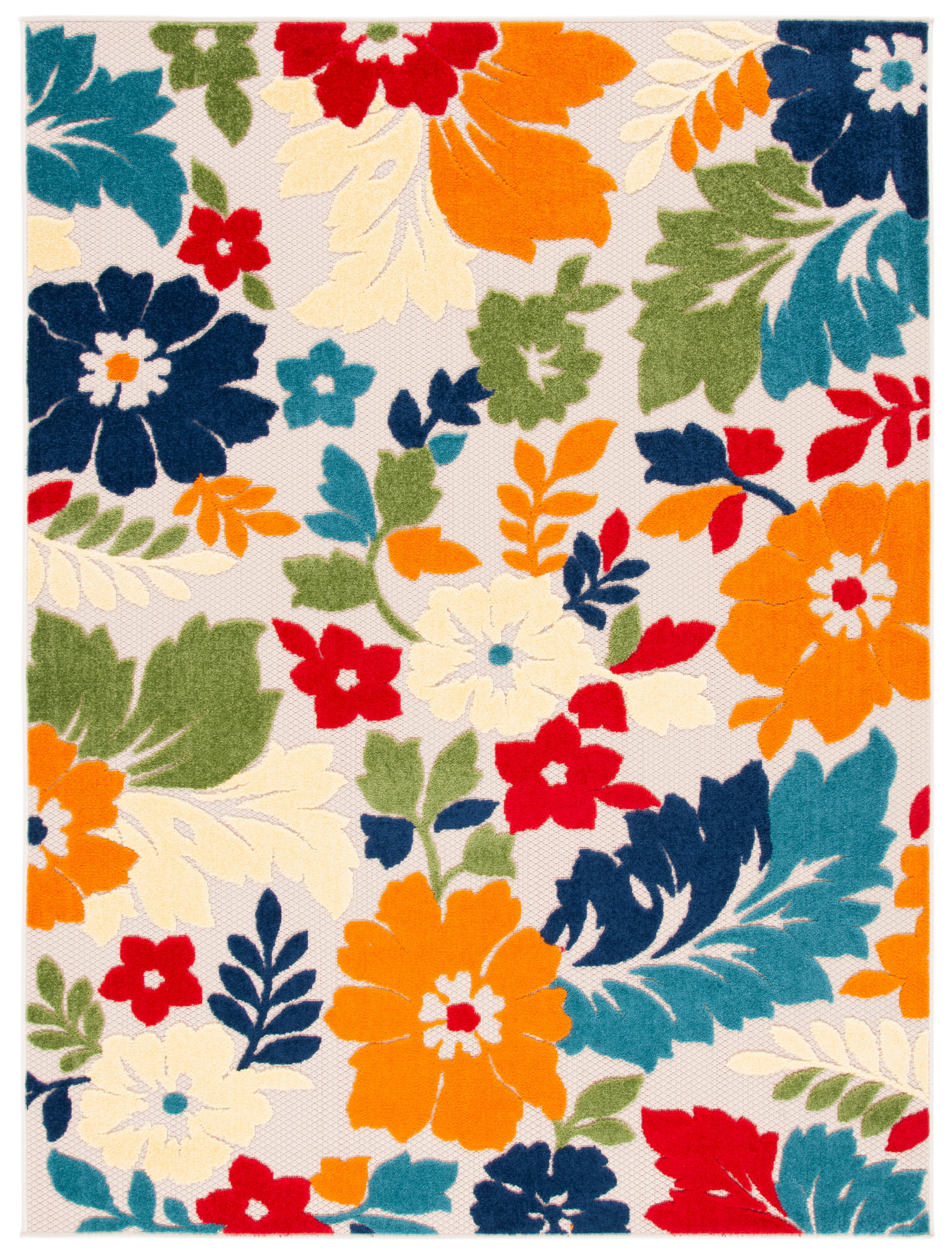 Ivory and Orange Floral Synthetic Indoor/Outdoor Area Rug