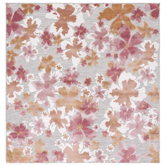 SAFAVIEH Cabana Blaire Floral Indoor/Outdoor Area Rug, Grey/Rose, 6'5" x 6'5" Square