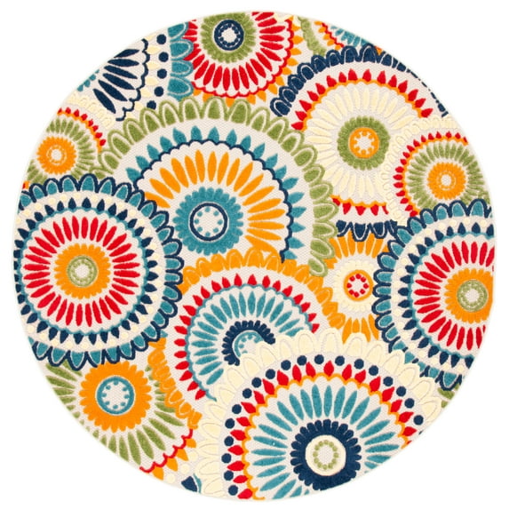SAFAVIEH Cabana Brynn Floral Indoor/Outdoor Area Rug, Blue/Ivory, 4' x 4' Round