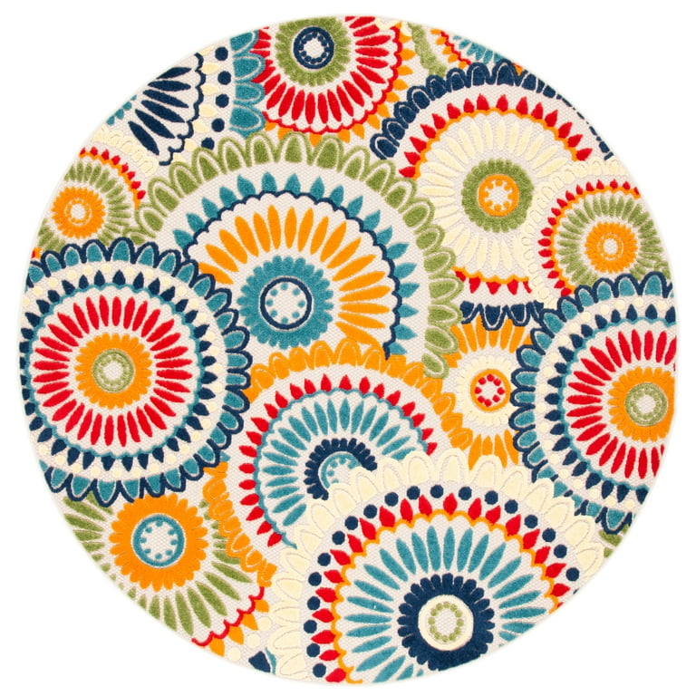 4' Round Ivory And Blue Round Floral Indoor Outdoor Area Rug 4' Round Ivory And Blue Round Floral Indoor Outdoor Area Rug