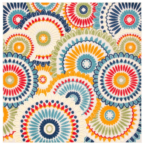 SAFAVIEH Cabana Brynn Floral Indoor/Outdoor Area Rug, Blue/Ivory, 8' x 8' Square