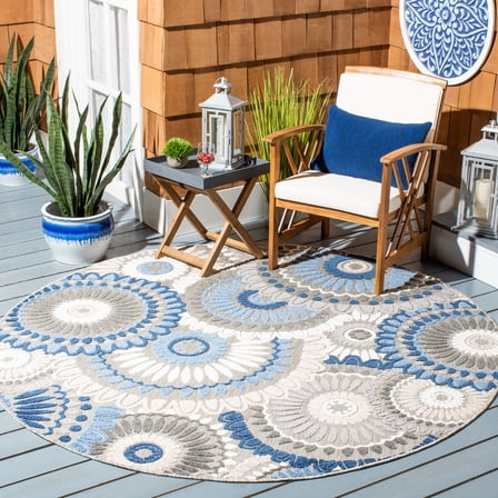 SAFAVIEH Cabana Brynn Floral Indoor/Outdoor Area Rug, Grey/Blue, 3' x 3' Round