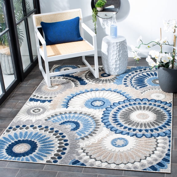 SAFAVIEH Cabana Brynn Floral Indoor/Outdoor Area Rug, Grey/Blue, 3' x 3' Square