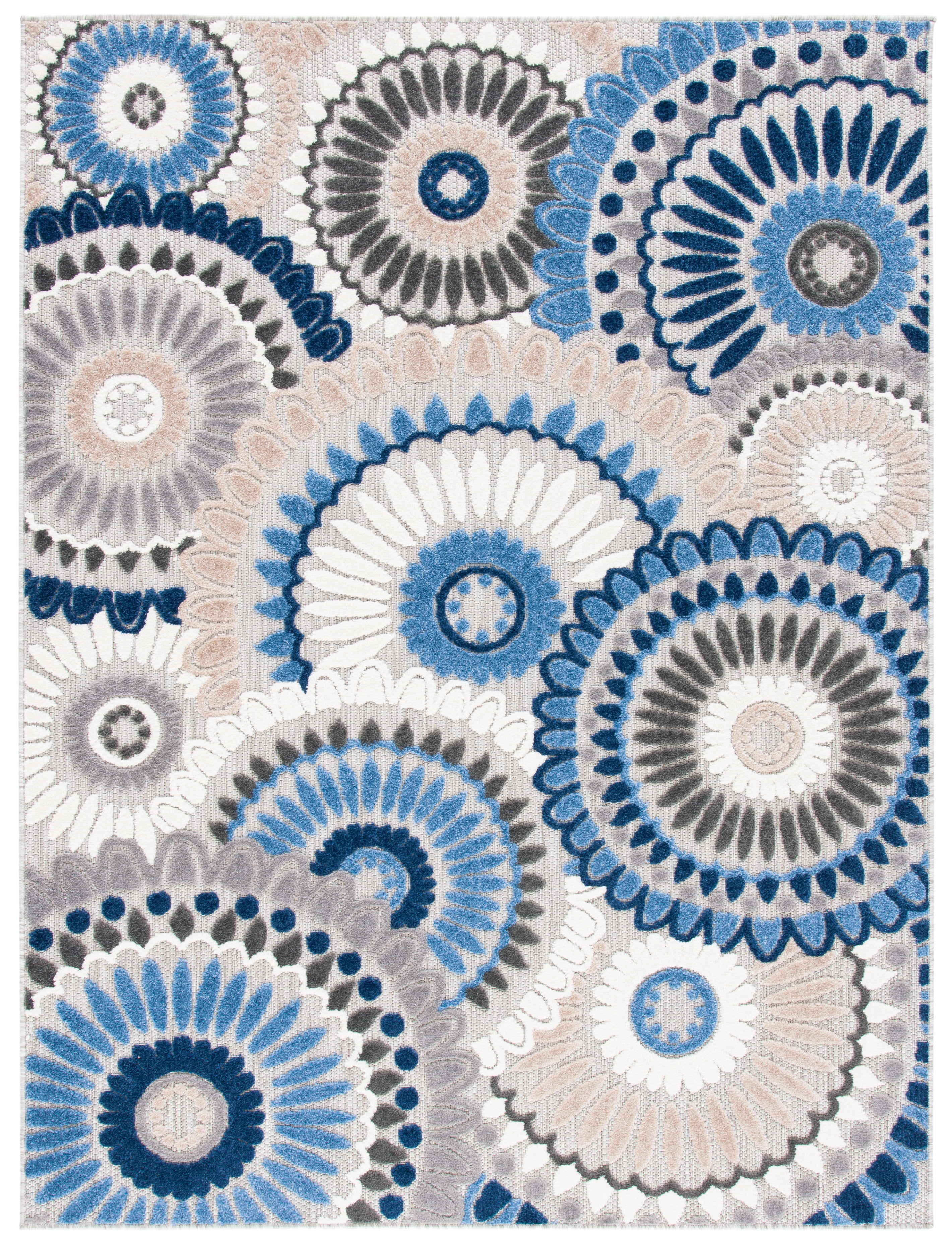 Grey and Blue Floral Synthetic 8' x 10' Reversible Area Rug