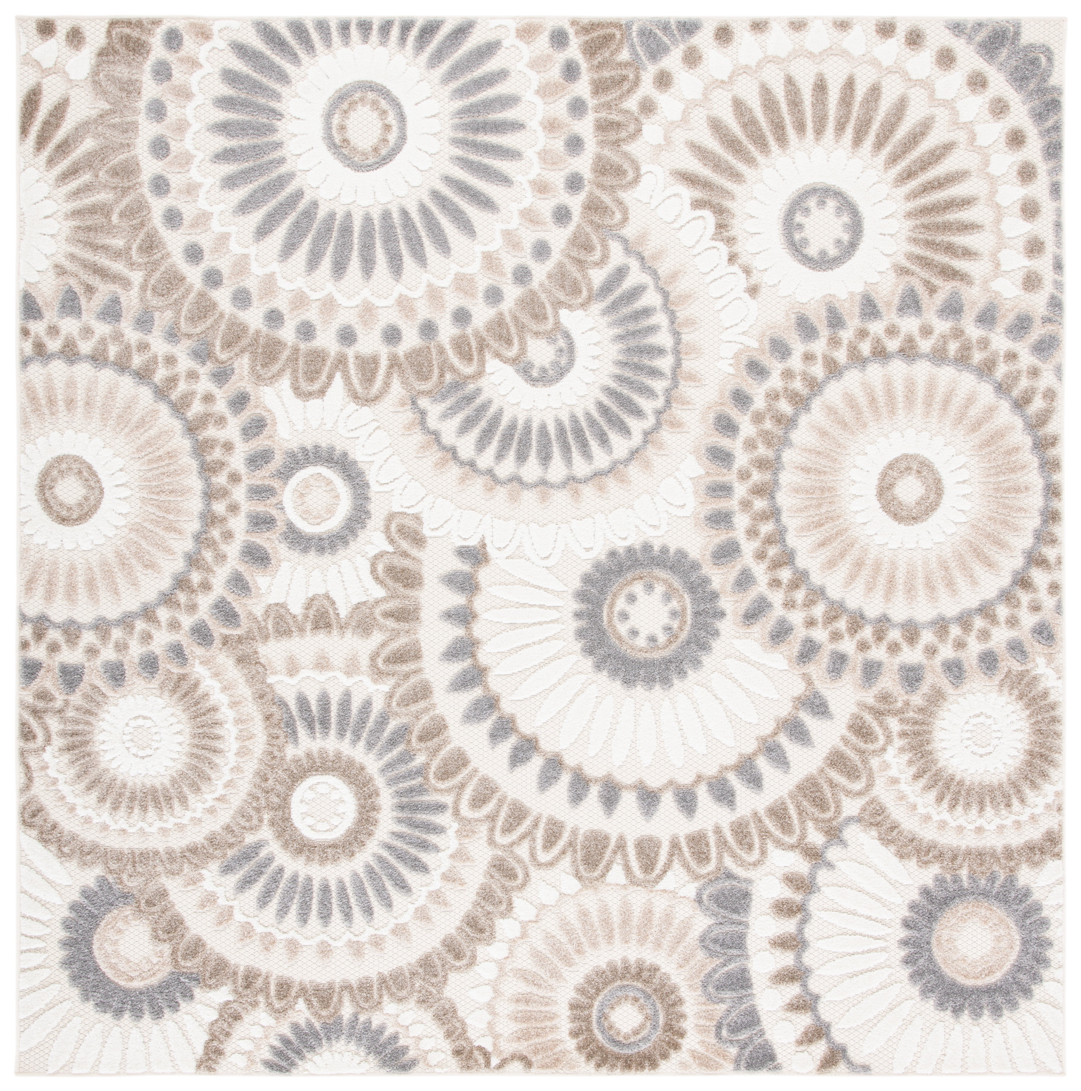 Grey and Ivory Floral Synthetic Square Indoor/Outdoor Rug