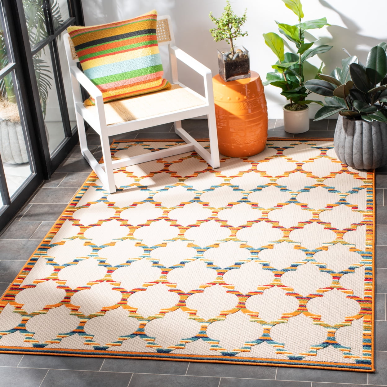 SAFAVIEH Cabana Burke Geometric Indoor/Outdoor Area Rug, Ivory/Orange, 6'7" x 6'7" Square
