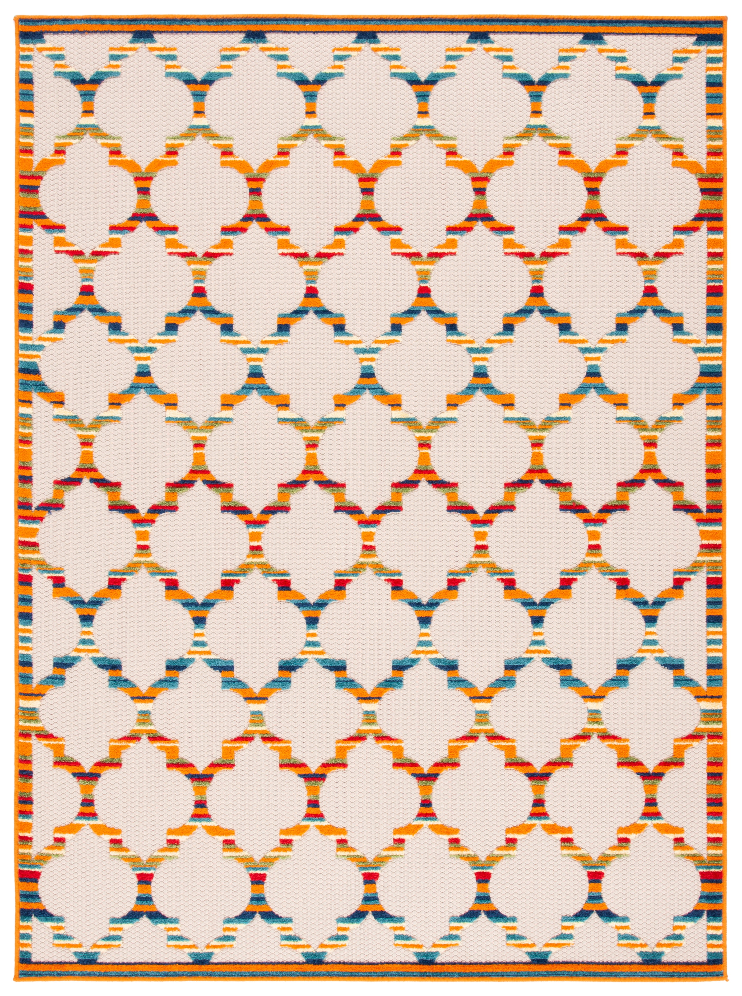 Ivory and Orange Geometric Synthetic Indoor/Outdoor Rug