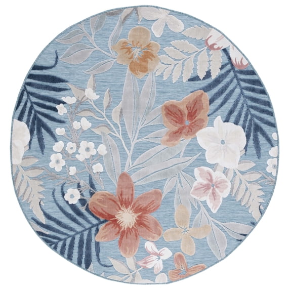SAFAVIEH Cabana Caris Floral Indoor/Outdoor Area Rug, Aqua/Rust, 6'5" x 6'5" Round