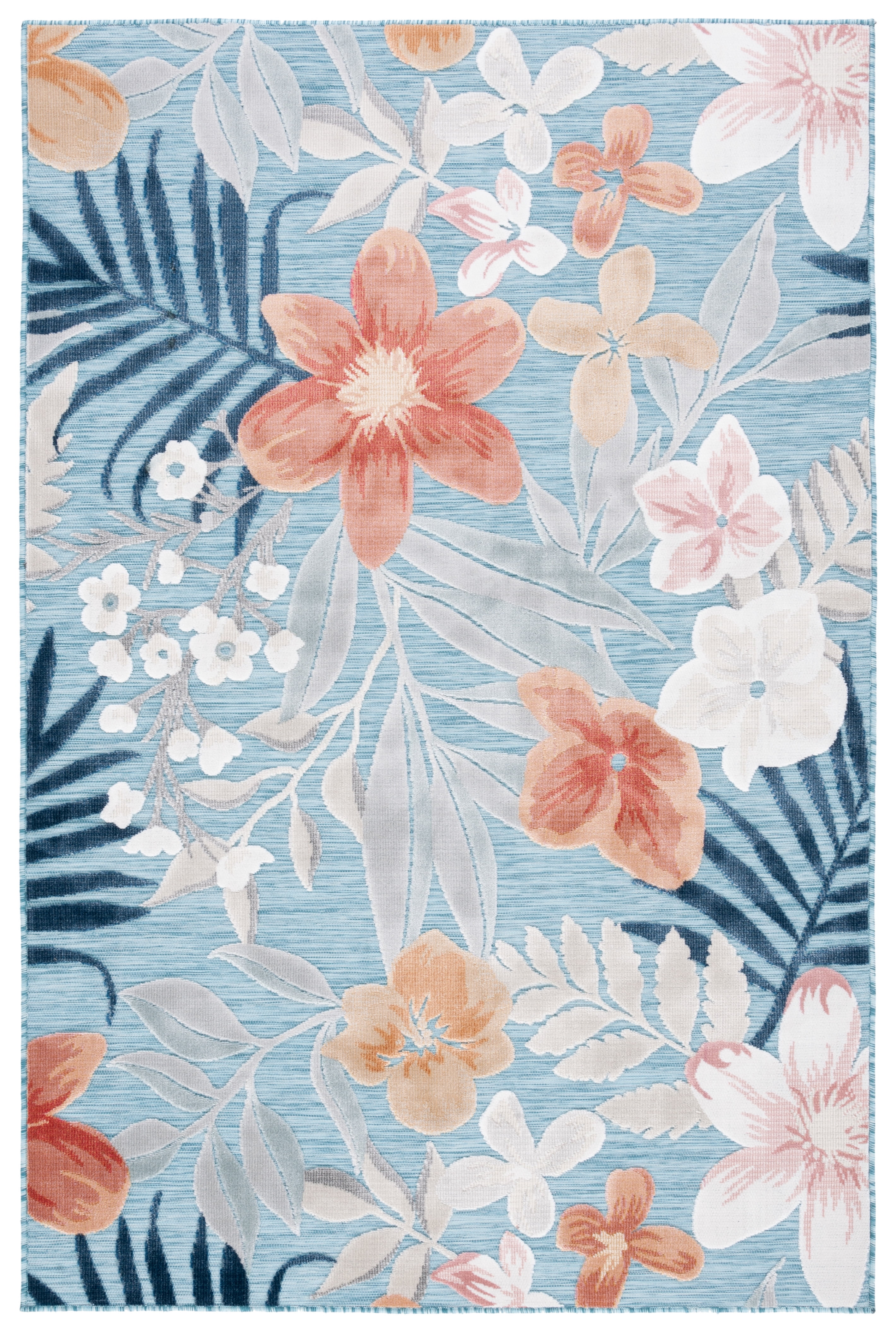 Aqua and Rust Floral Synthetic 4' x 6' Reversible Area Rug