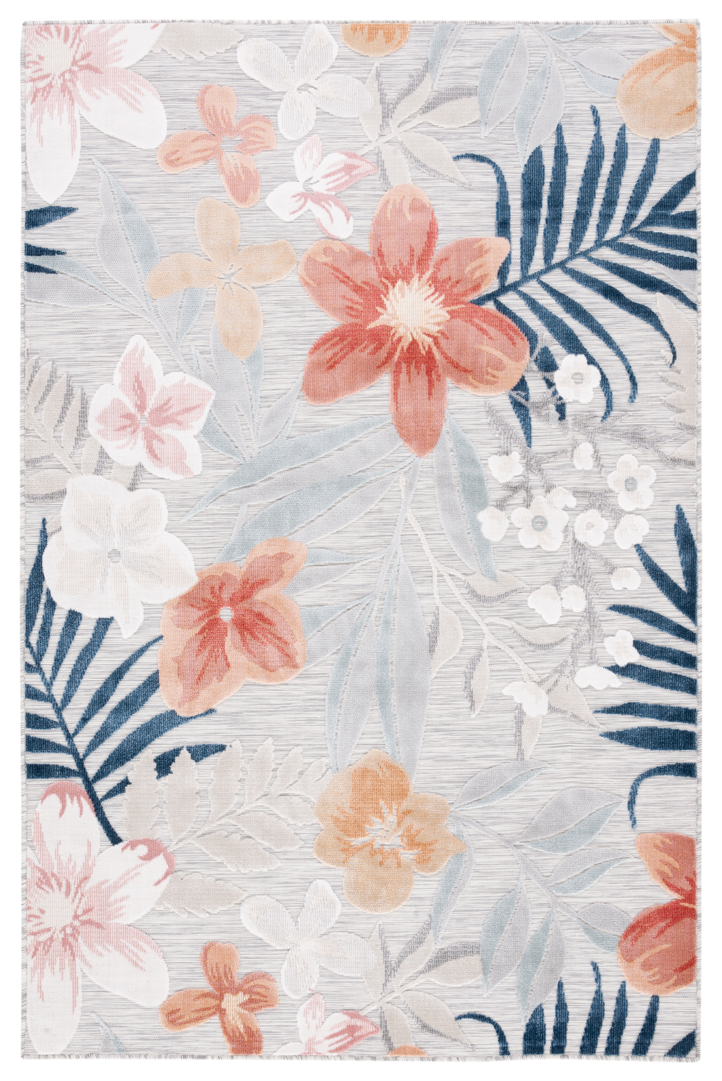 Grey and Rust Floral Washable Synthetic Area Rug