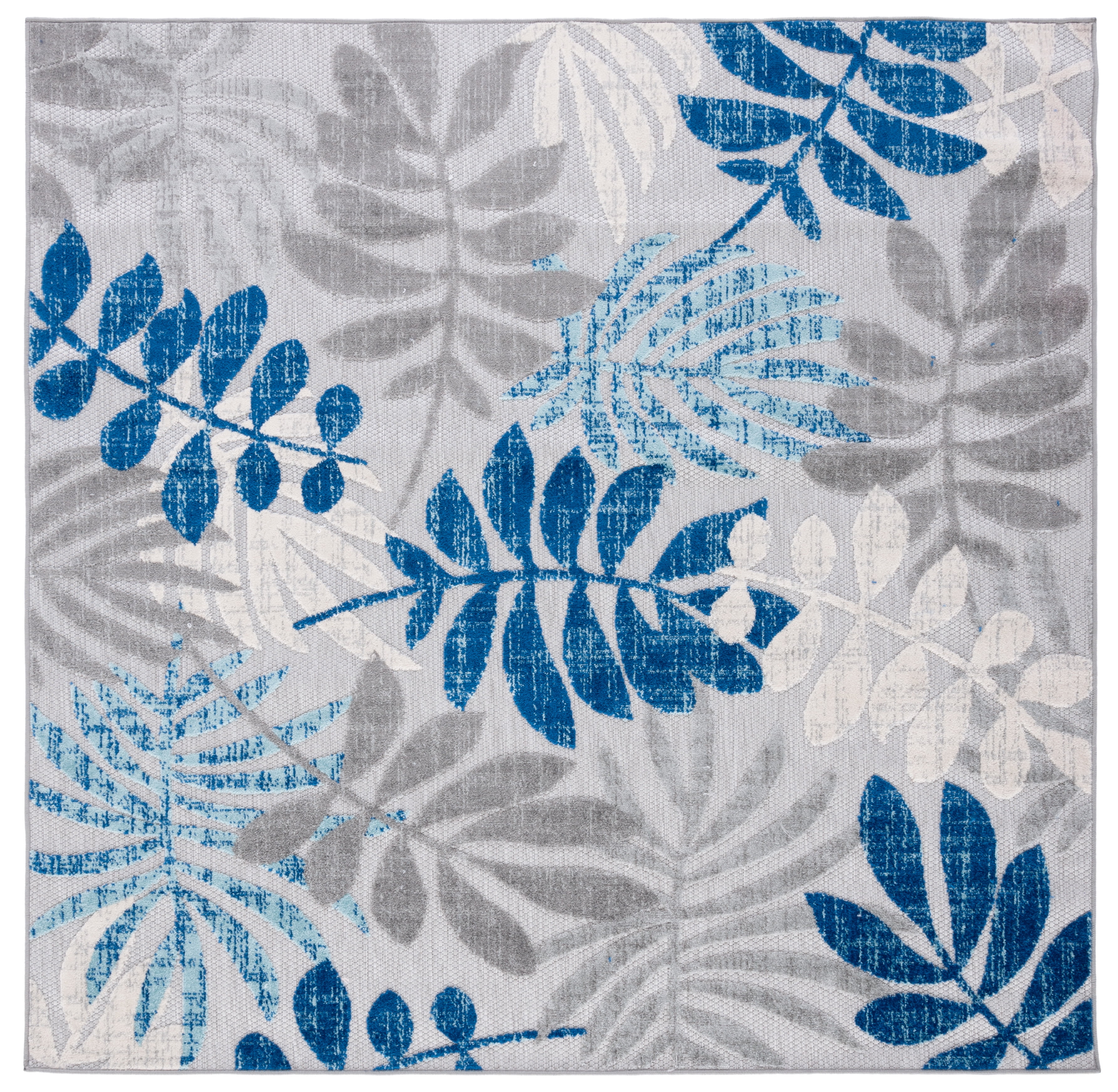 Gray and Blue Floral Synthetic Square Area Rug