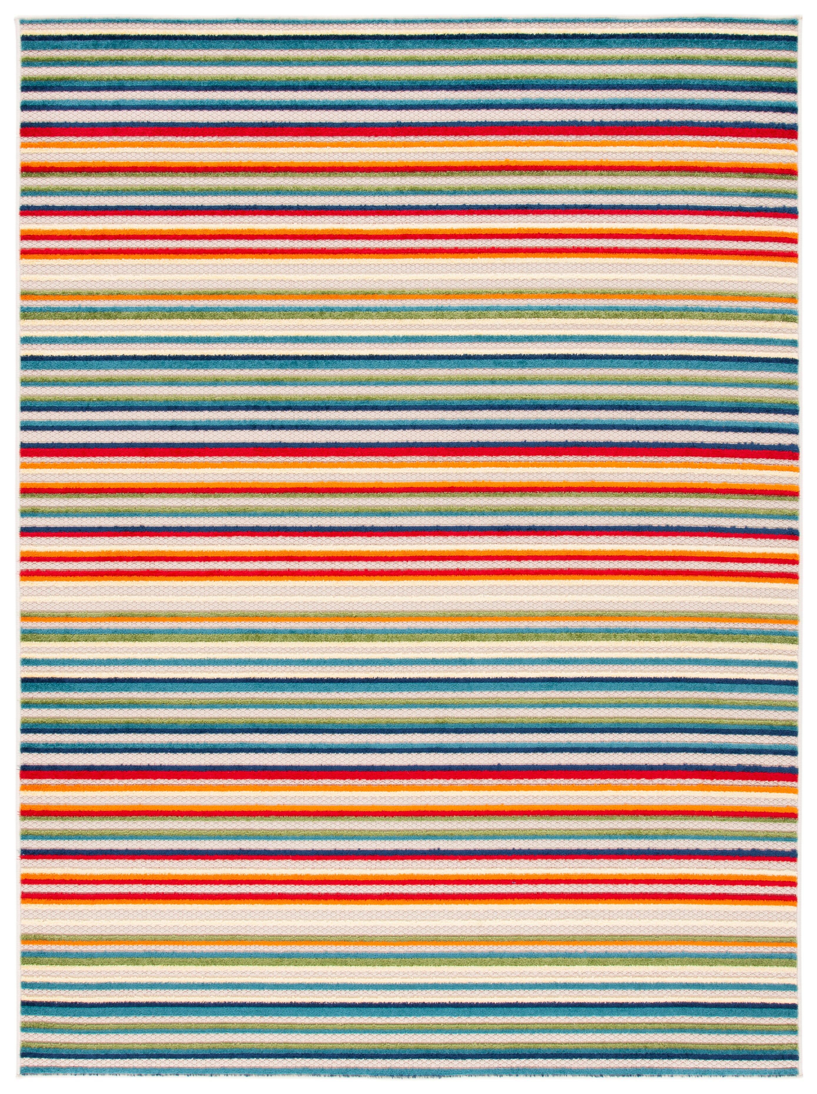 Ivory and Green Striped Synthetic Indoor/Outdoor Rug 4'5" x 6'5"