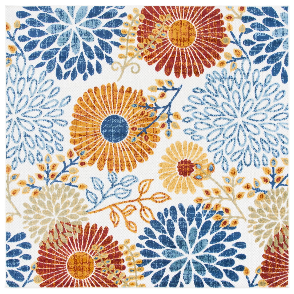 Cabana 5'3" Square Creme and Red Floral Synthetic Rug
