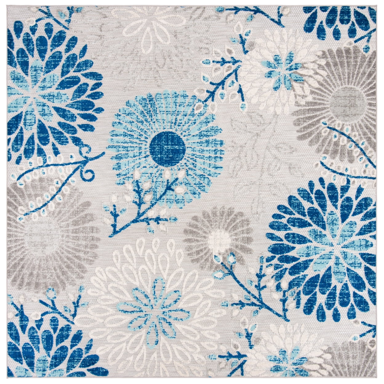 Grey/Blue Floral Easy-Care Square Synthetic Area Rug