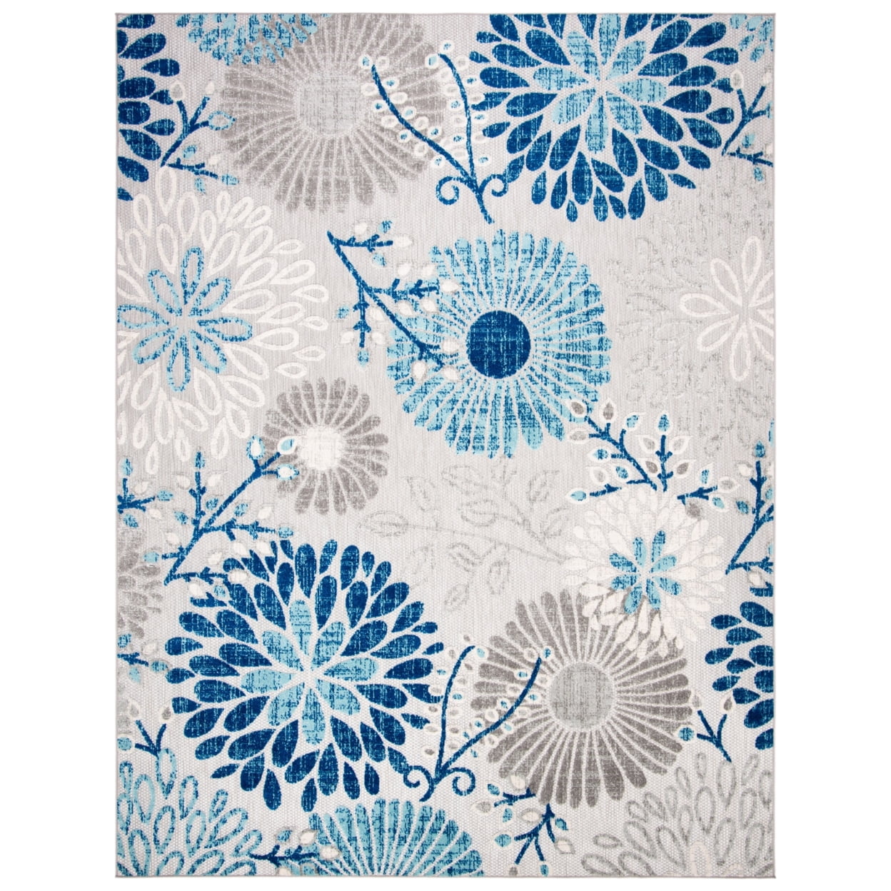 Grey and Blue Floral Synthetic 8' x 10' Reversible Area Rug