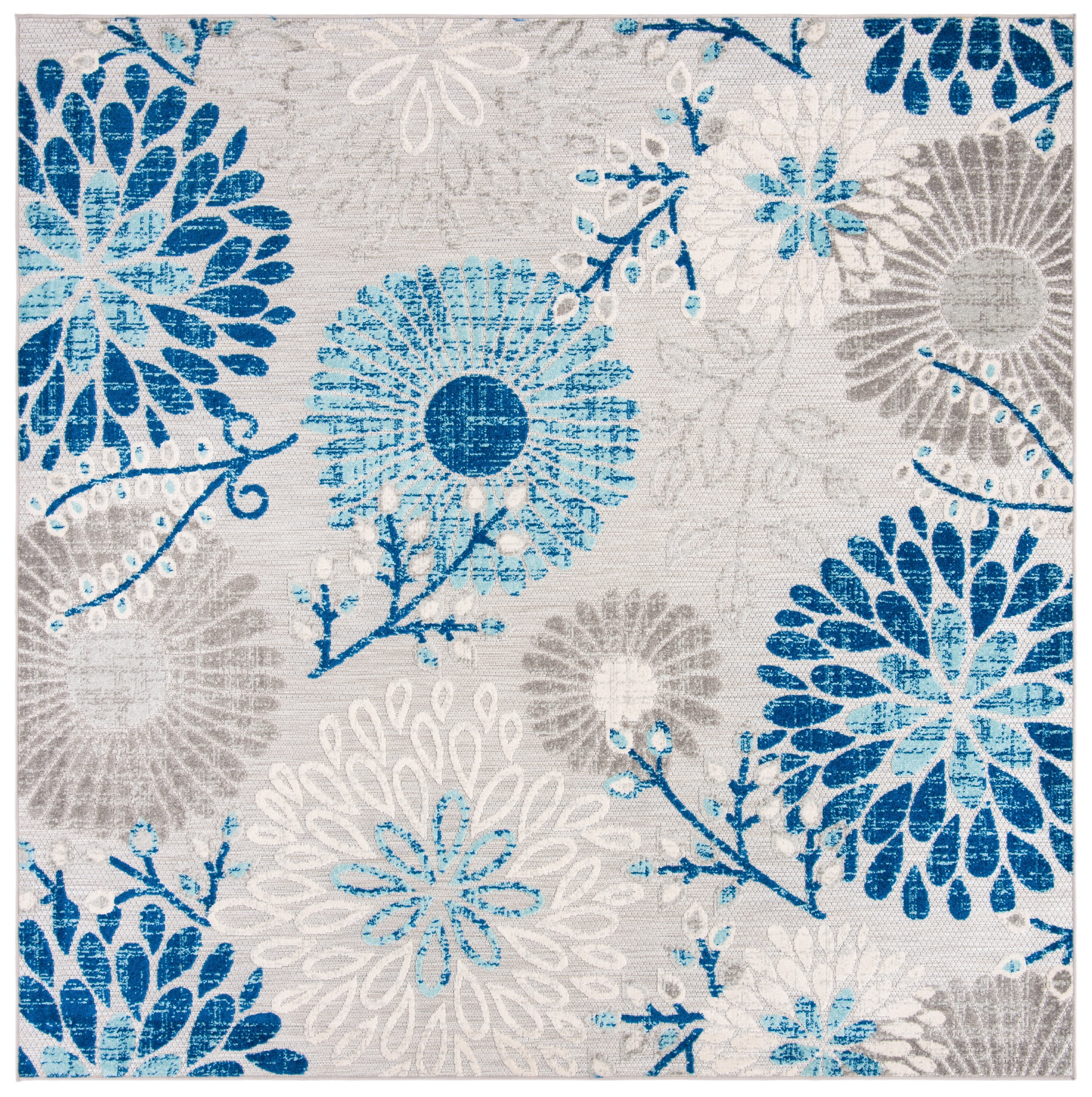 Grey/Blue Floral Synthetic Square 4' x 4' Area Rug