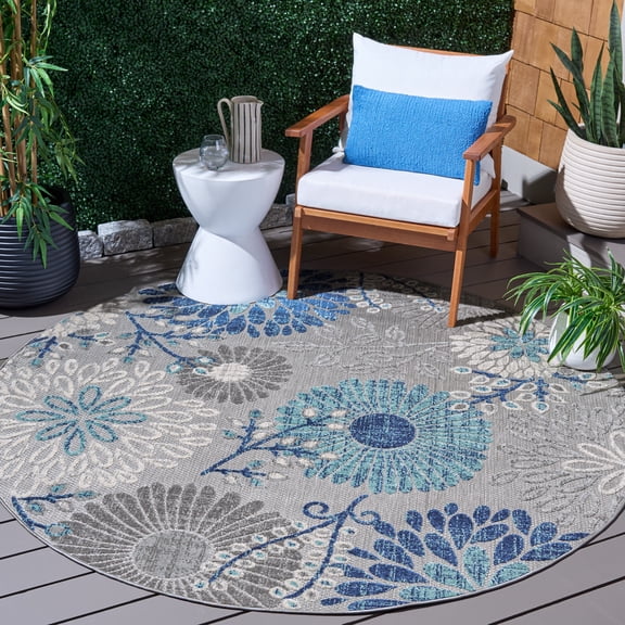 SAFAVIEH Cabana Garnet Floral Indoor/Outdoor Area Rug, Grey/Blue, 6'7" x 6'7" Round