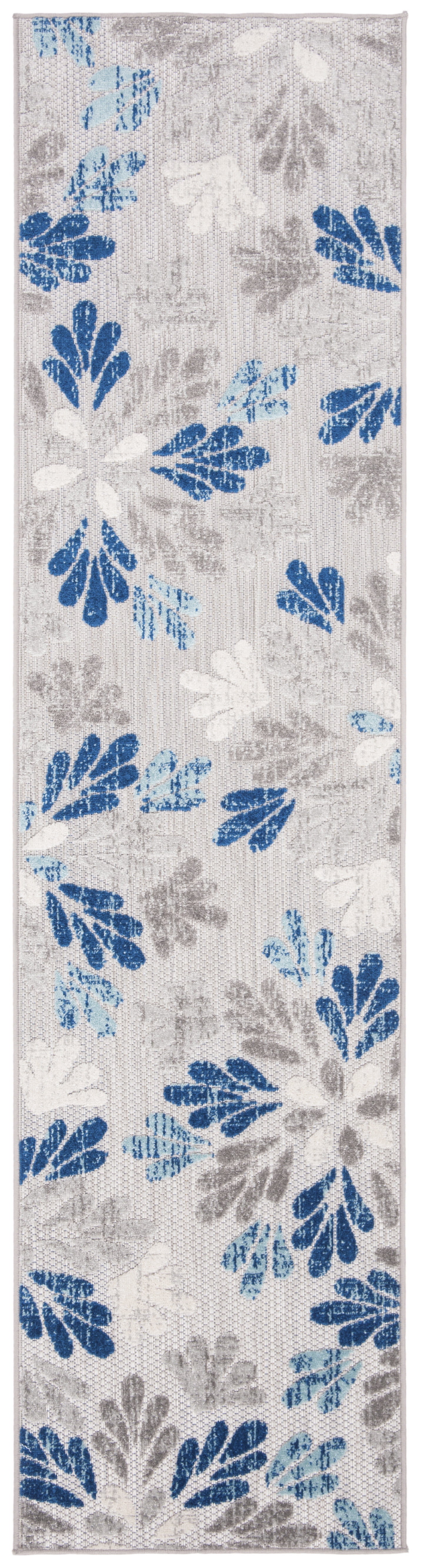 Grey/Blue Floral Flat Woven Easy-Care Runner Rug 24x12
