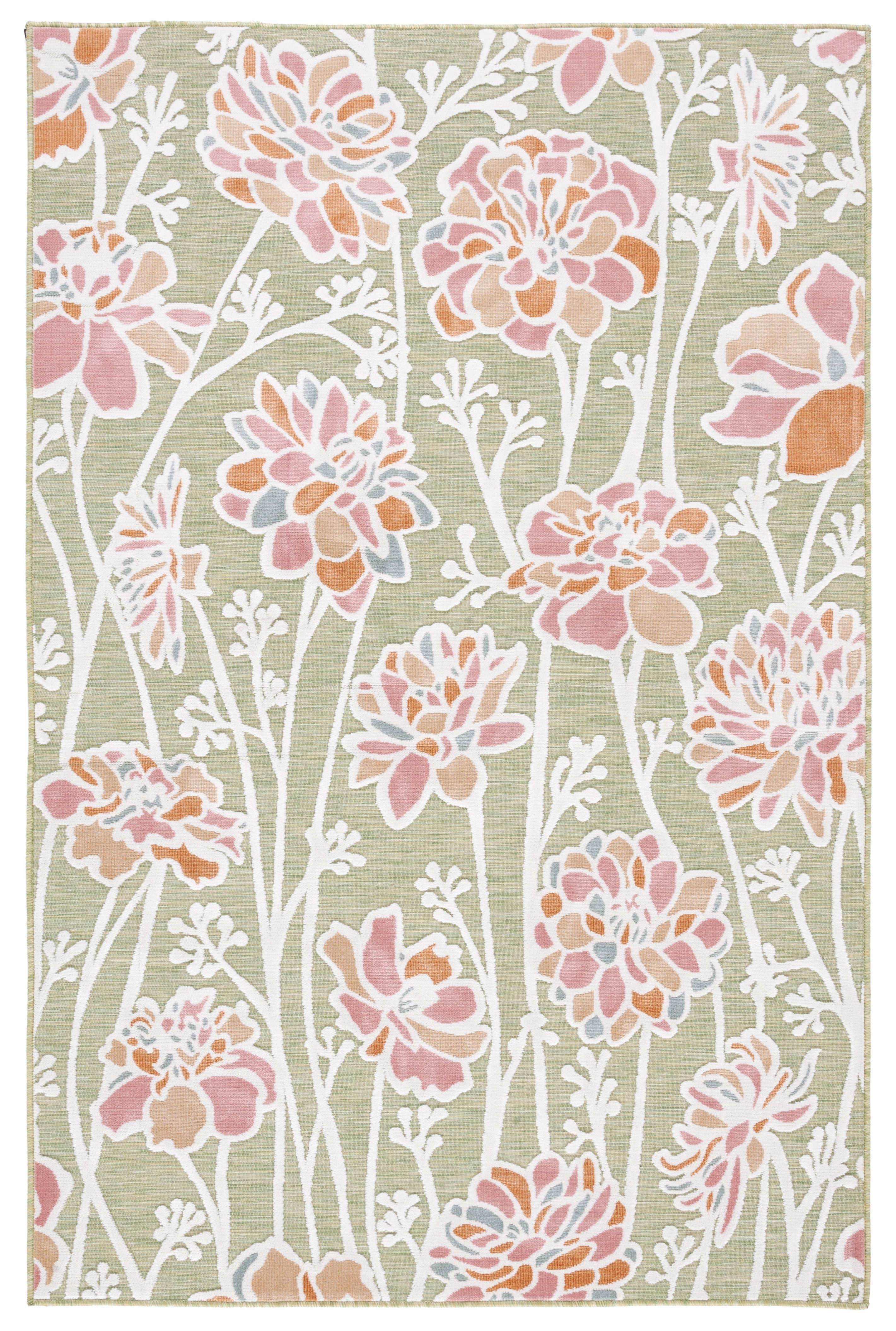Green and Pink Floral Synthetic Indoor/Outdoor Area Rug
