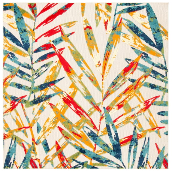 SAFAVIEH Cabana Jacinth Botanical Indoor/Outdoor Area Rug, Ivory/Navy, 6'7" x 6'7" Square