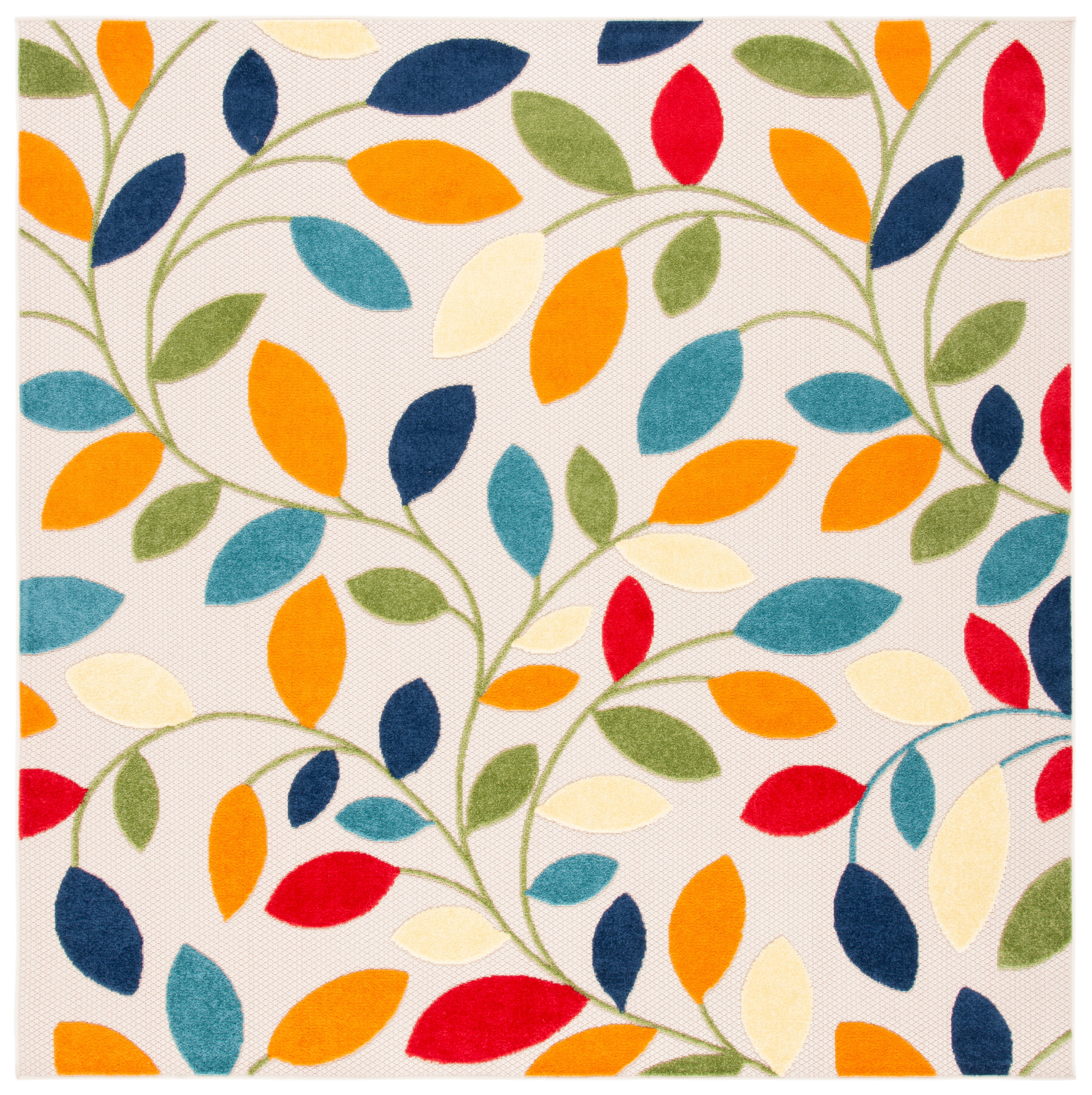 Ivory and Multicolor Synthetic Floral Square Area Rug