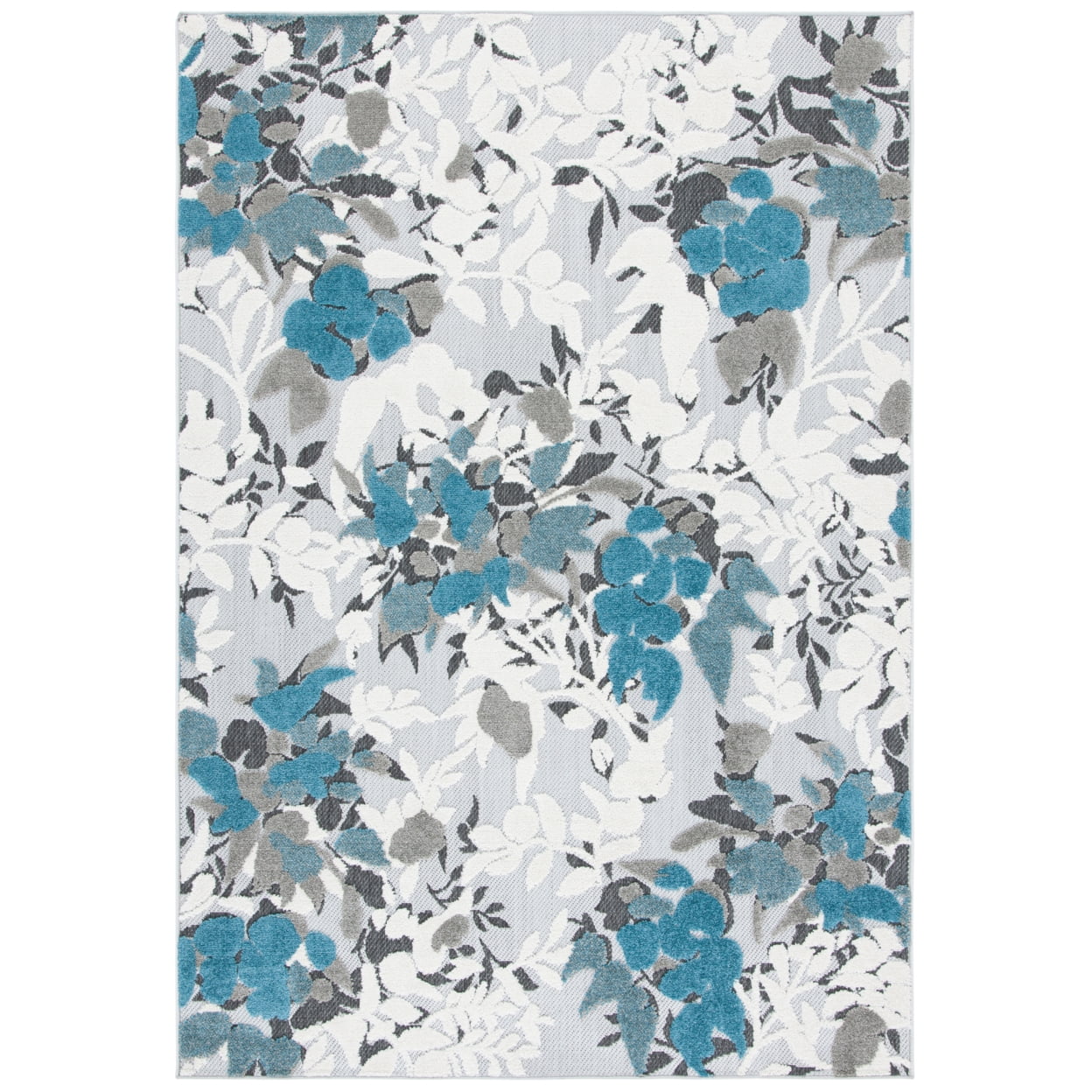 Beige and Blue Floral Synthetic Indoor/Outdoor Rug