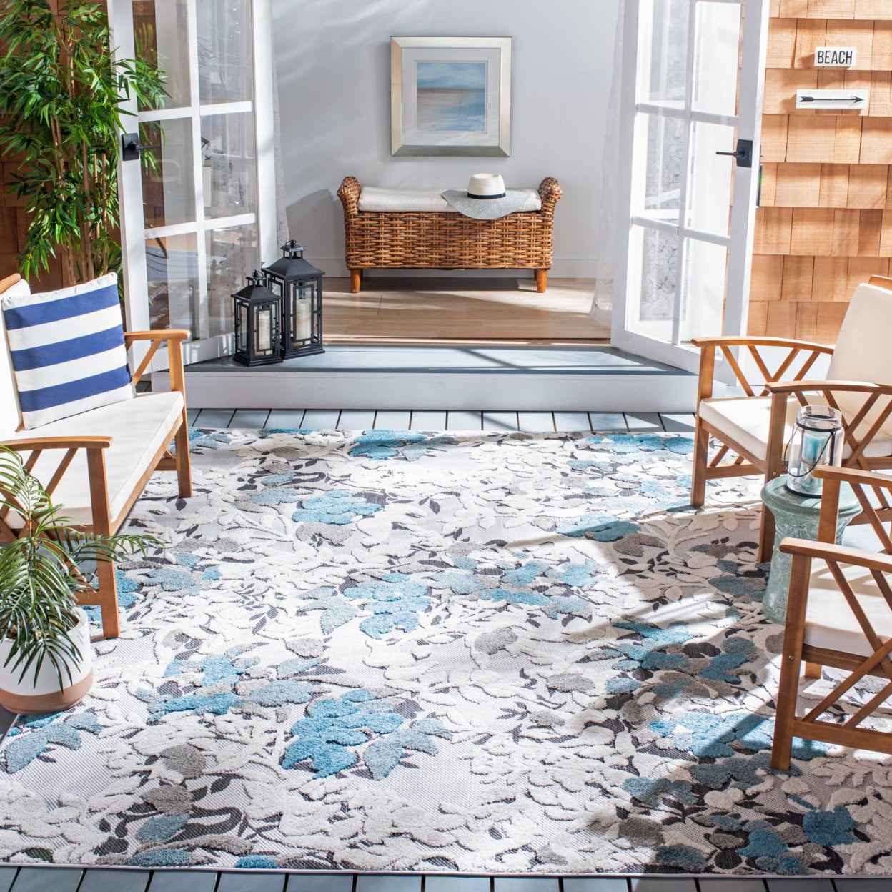 Cabana Blue and Gray Floral Synthetic Square Rug