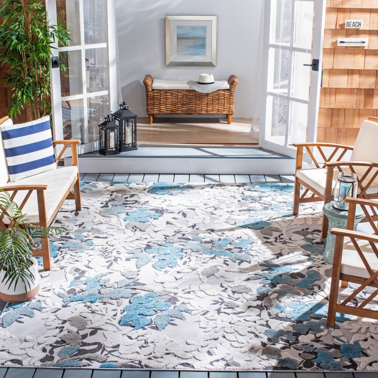 Blue Floral Bliss 65" Synthetic Rectangular Area Rug